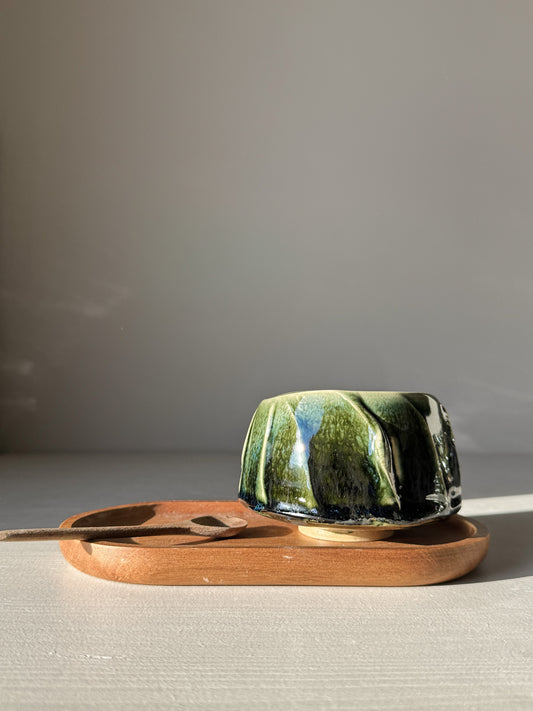 Handmade Yunomi Cup - Hinoki #09 with deep green glaze on wooden tray