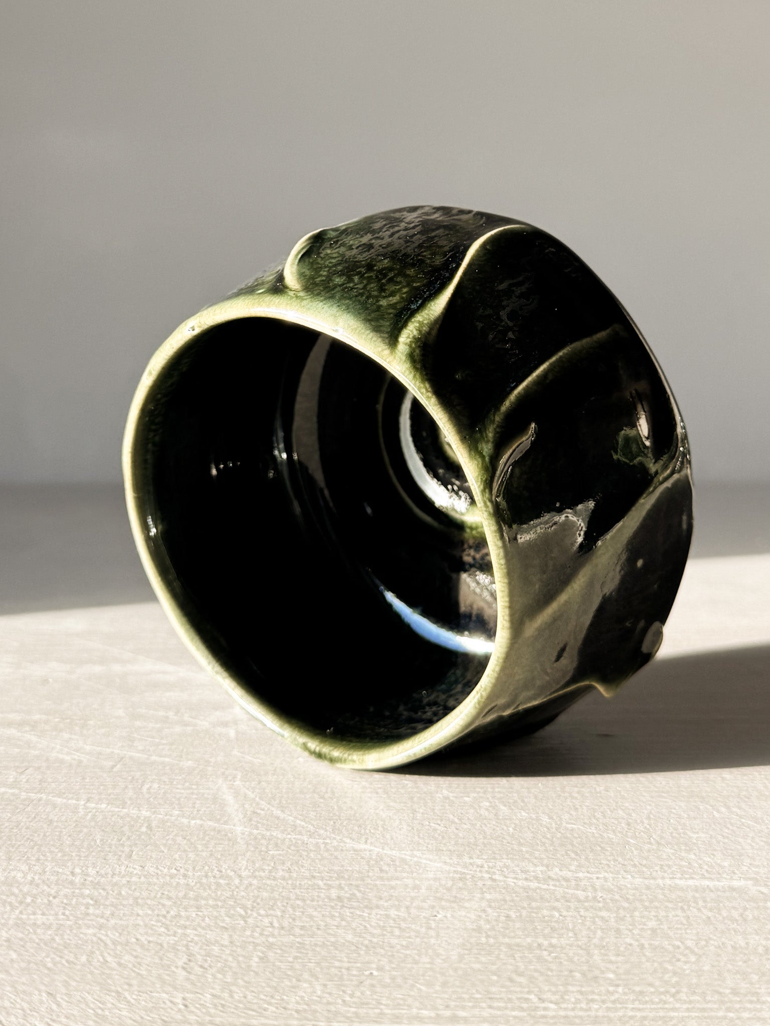 Yunomi Cup - Hinoki #02 with deep green glaze and textured slip lines, perfect for everyday tea moments.