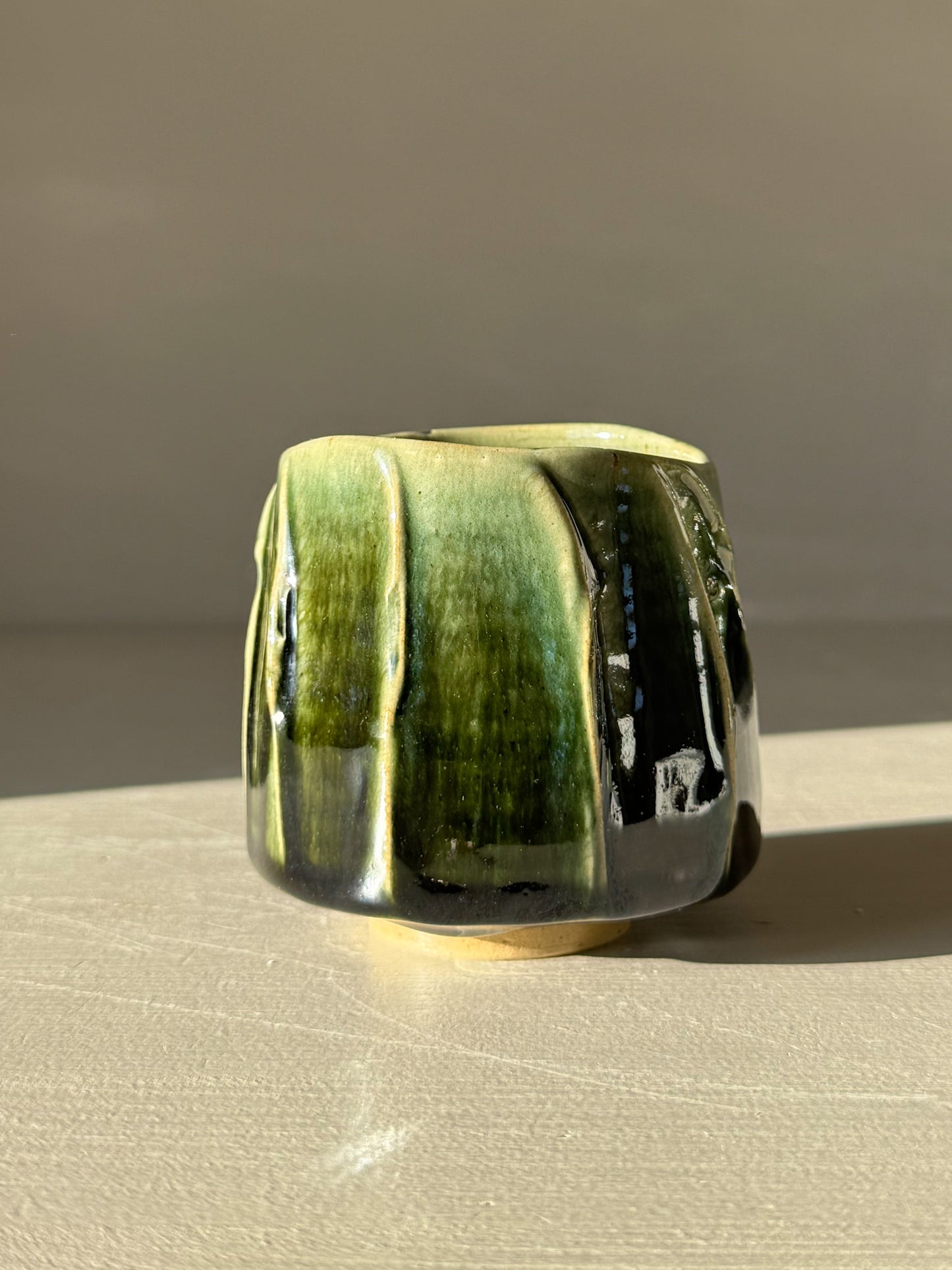 Yunomi Cup - Hinoki #14 in deep green glaze with textured slip decoration, handmade for personalized tea moments.