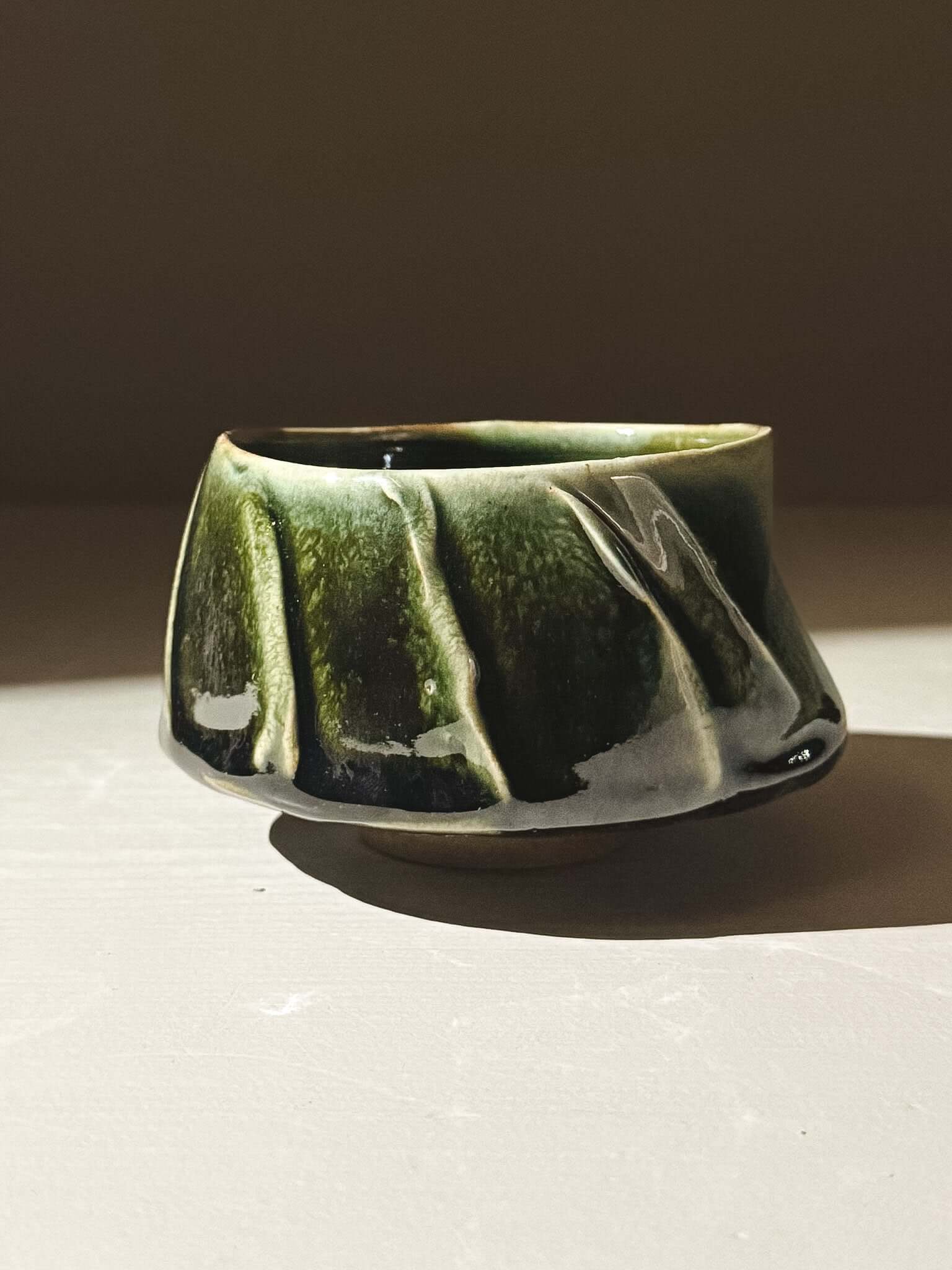 Yunomi Cup - Hinoki #00 with deep green glaze and subtle textured lines for a unique handcrafted tea experience.