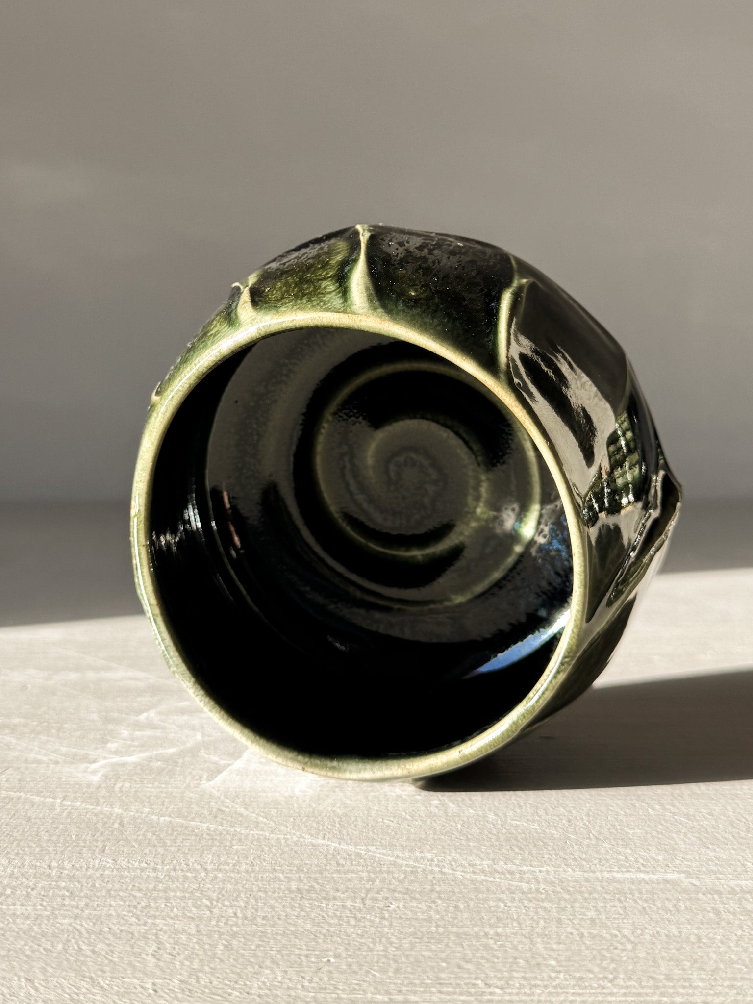 Yunomi Cup - Hinoki #07 with deep green glaze and hand-decorated slip lines for unique tea moments.