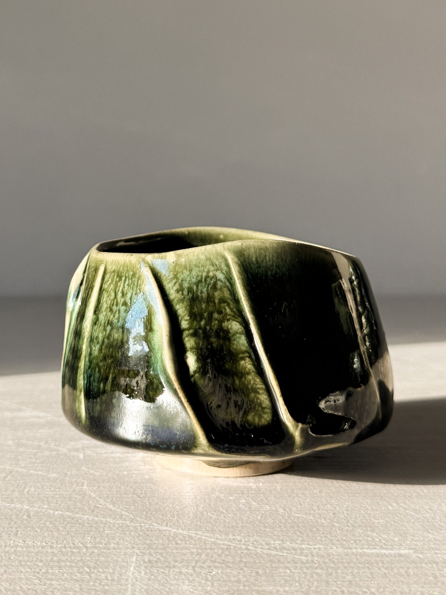 Elegant Yunomi Cup - Hinoki #06 with deep green glaze and textured slip lines, perfect for everyday tea moments.