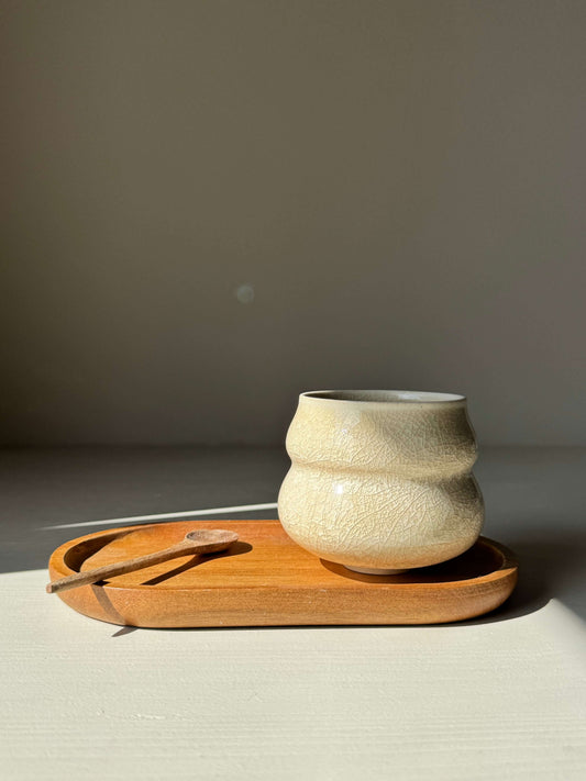 Yunomi Cup - Kannyū Series #02 handmade ceramic with crackle glaze on wooden tray.