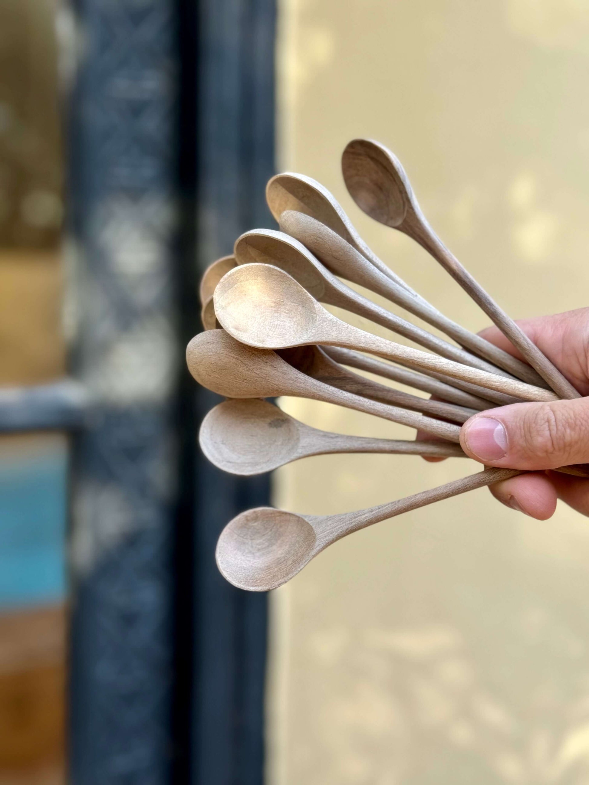 Hand-carved Walnut Wood Tea Spoons, perfect for stirring coffee, artisan-made with handmade ceramic charm, enhancing daily rituals.