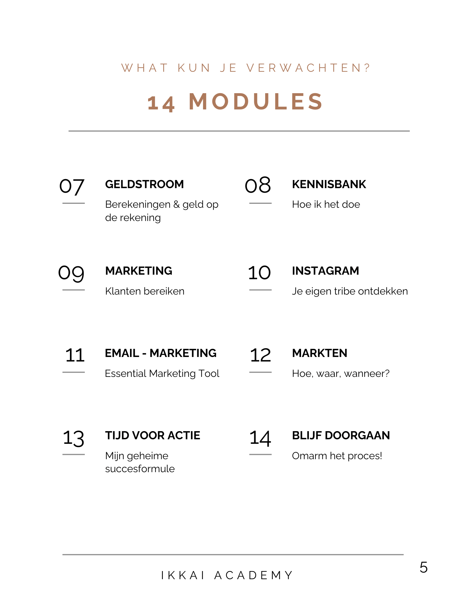 Overview of 14 modules from Ikkai Academy covering topics like marketing, Instagram, and business strategies in Dutch.