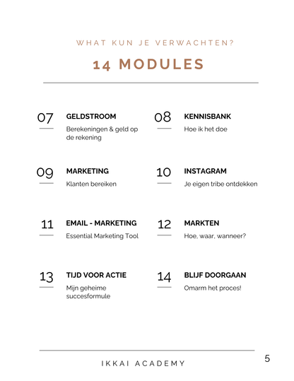 Overview of 14 modules from Ikkai Academy covering topics like marketing, Instagram, and business strategies in Dutch.