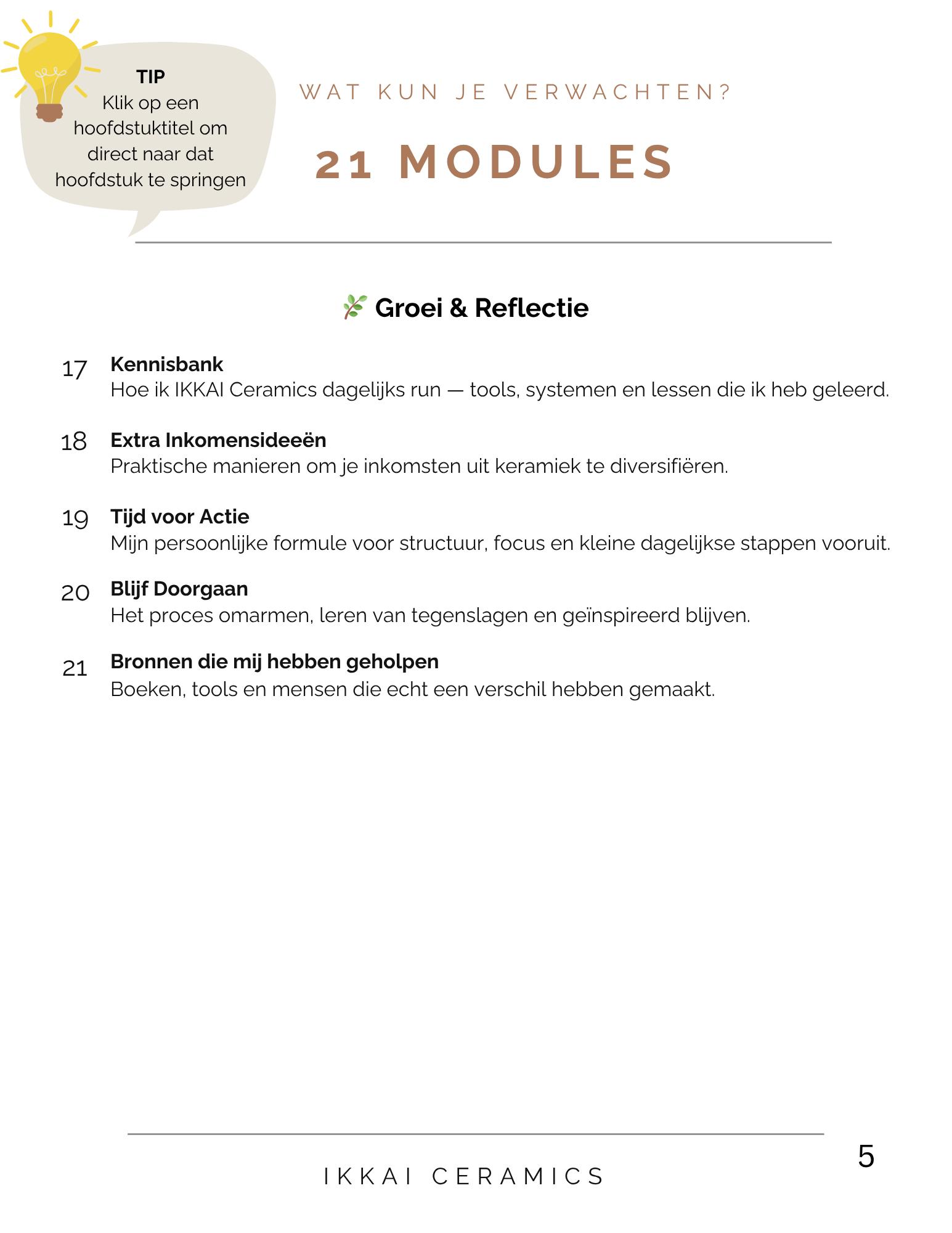 Overview of the 21 modules in the IKKAI Ceramics growth and reflection guide.
