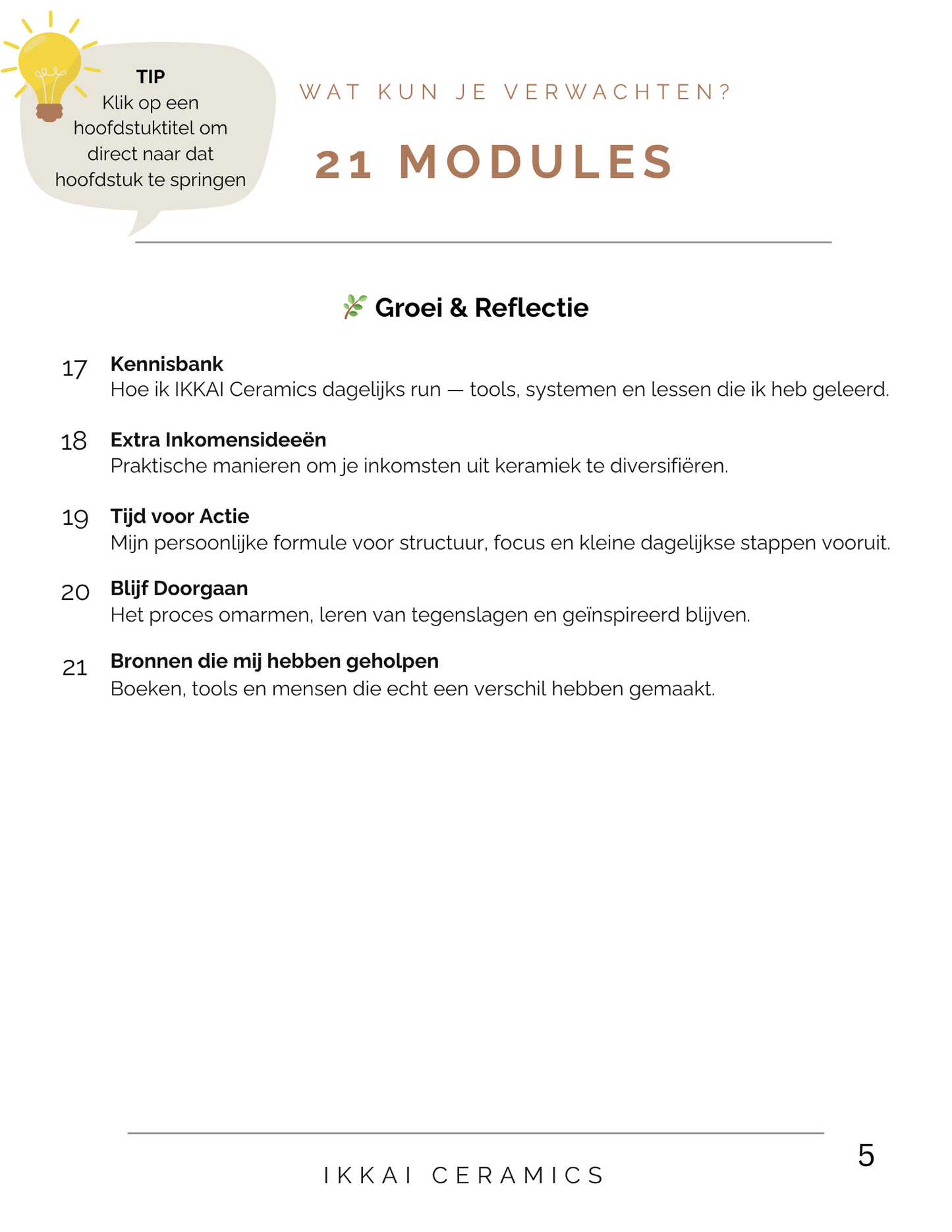Overview of the 21 modules in the IKKAI Ceramics growth and reflection guide.