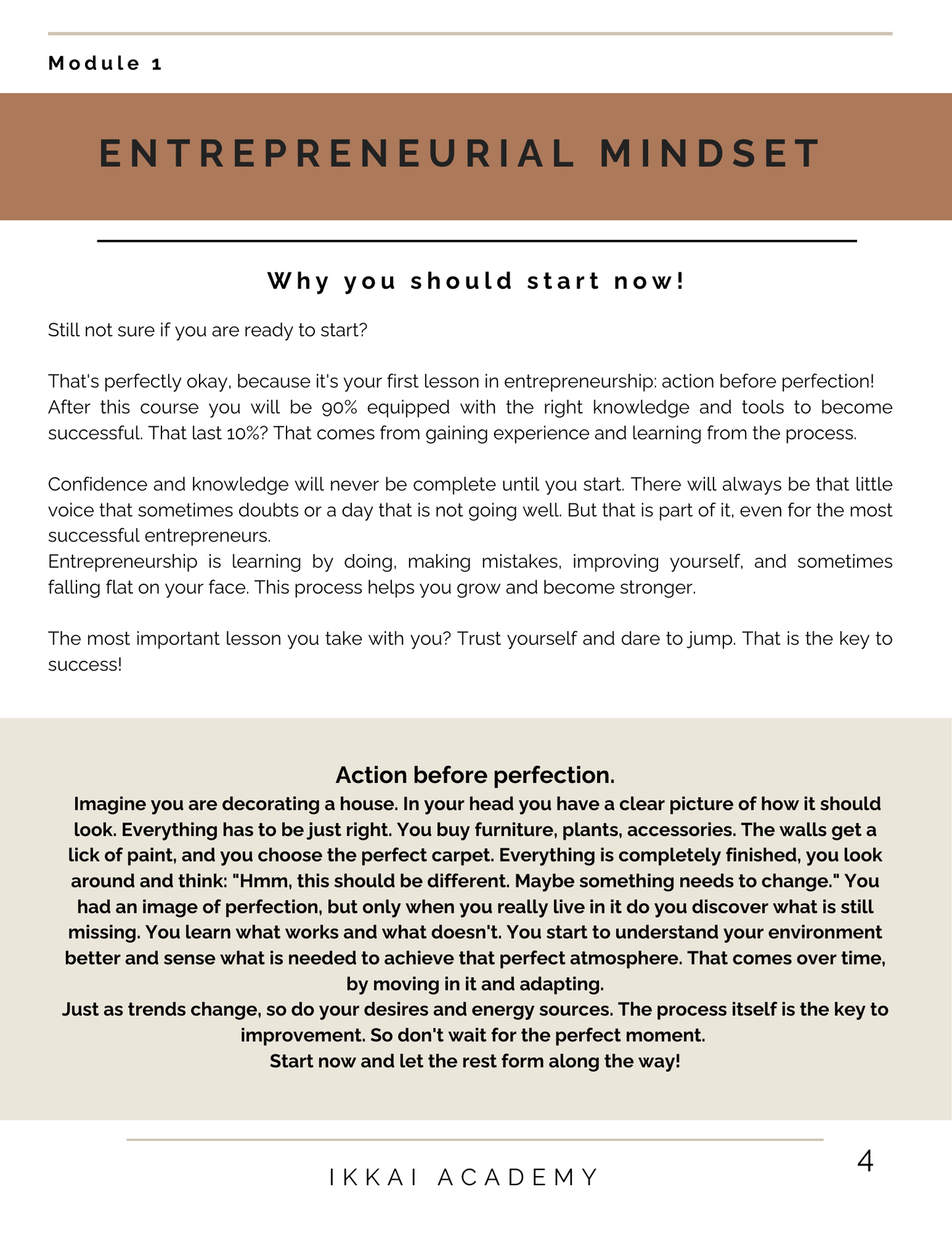 Entrepreneurial mindset module on taking action over perfection, with tips for adapting and growing in business, Ikkai Academy page 4.