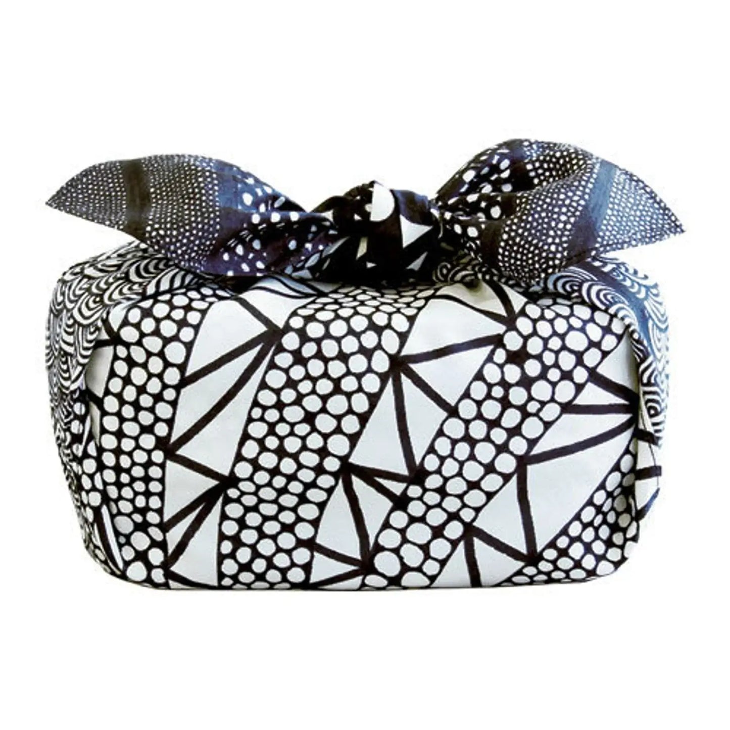 Small Furoshiki Wind Charcoal Gray Art Brut - wrapped gift with bold patterns and a tied bow.