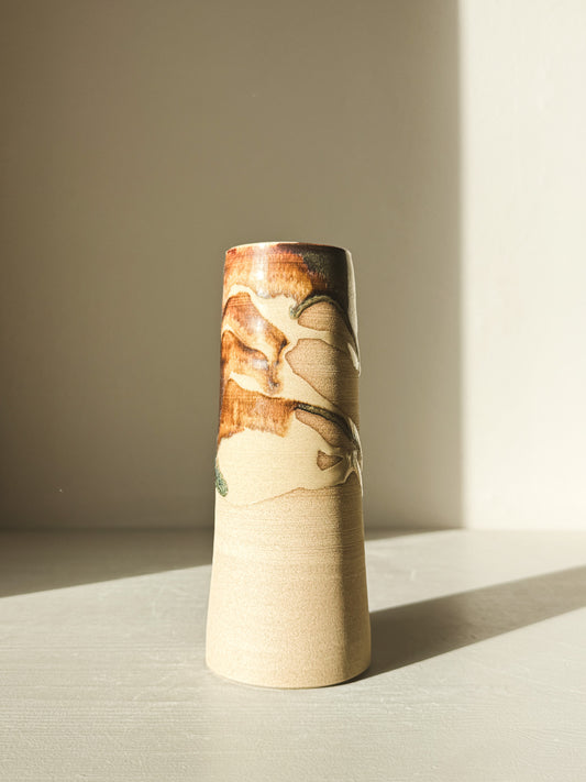 Medium Vase - Inyo Series, tall vase with raw texture and flowing glaze, approx. 19cm height, contrasting unglazed clay.
