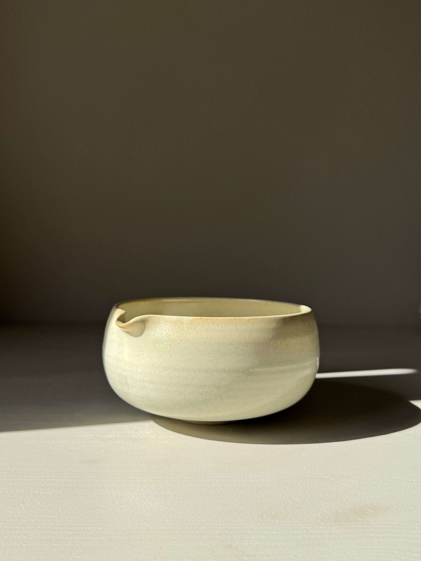 Handmade ceramic Katakuchi Matcha Bowl with Spout - Moonstone, featuring soft rounded design with moonstone glaze and spout.