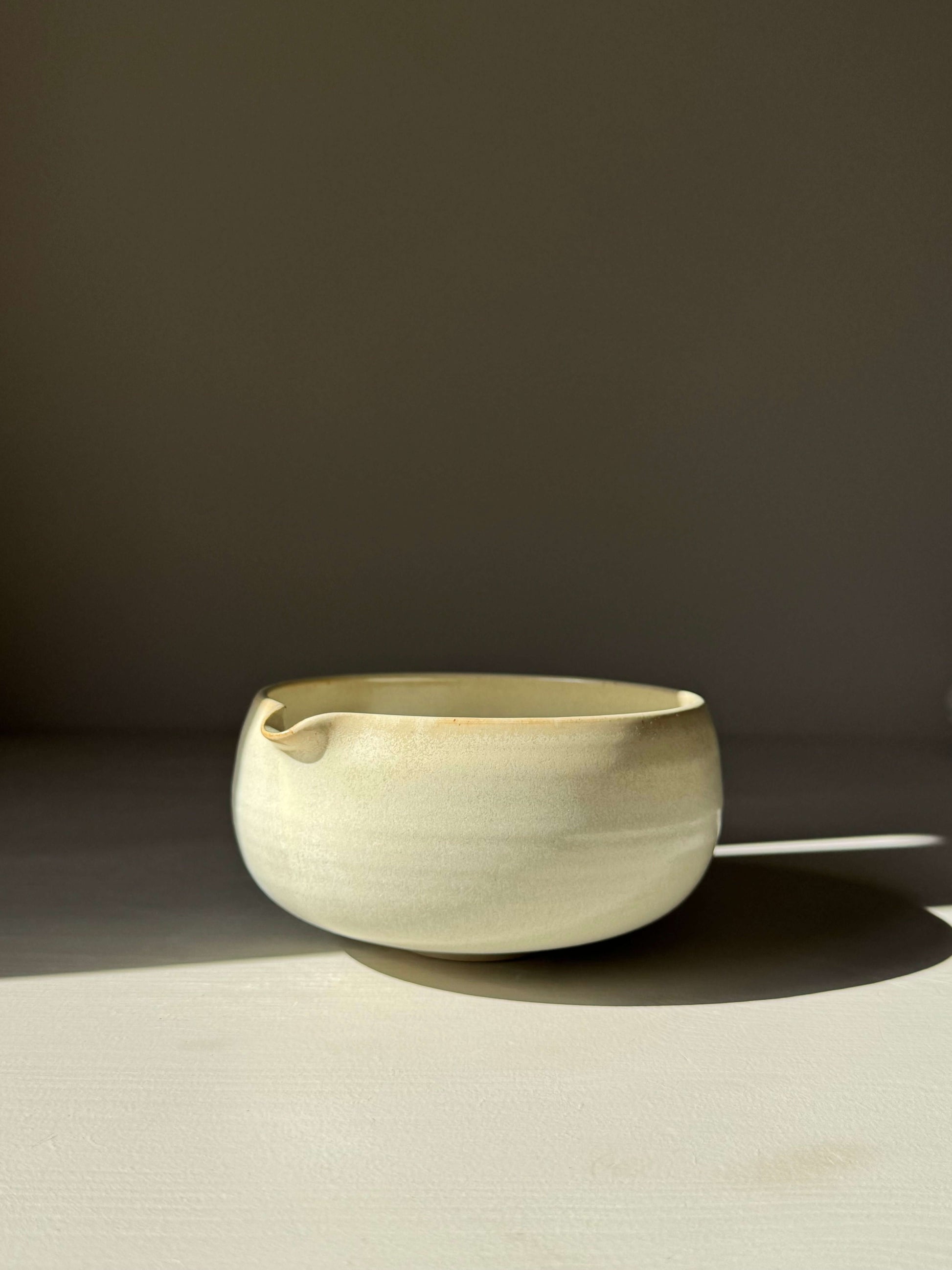 Handmade ceramic Katakuchi Matcha Bowl with Spout - Moonstone, featuring soft rounded design with moonstone glaze and spout.