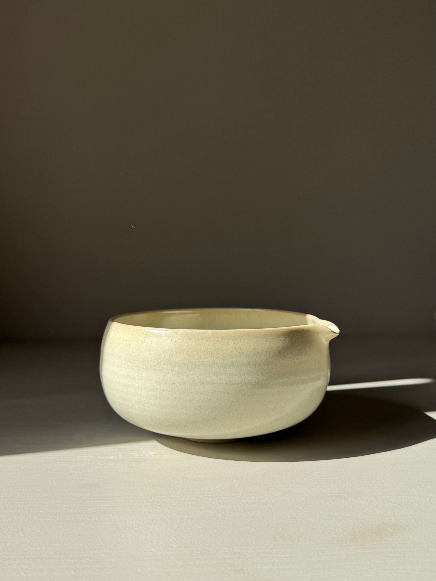Katakuchi Matcha Bowl with Spout - Moonstone handmade ceramic with soft glaze and natural speckling on a neutral background.