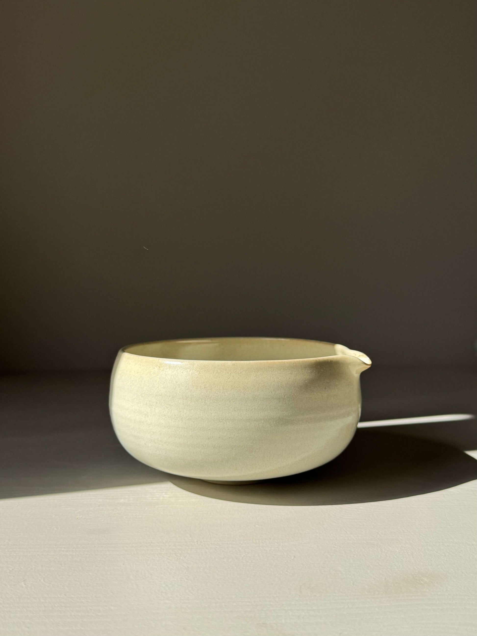 Katakuchi Matcha Bowl with Spout - Moonstone handmade ceramic with soft glaze and natural speckling on a neutral background.