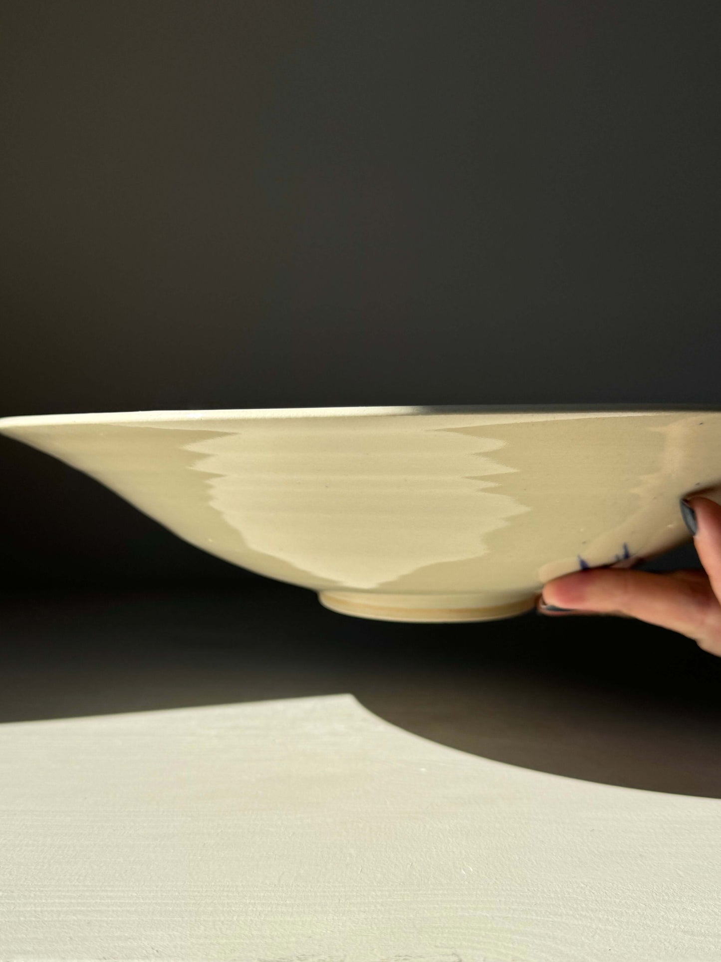Side view of a Large Shallow Bowl from the Gosu Series, made of stoneware clay, showcasing its wide, low design on a table.