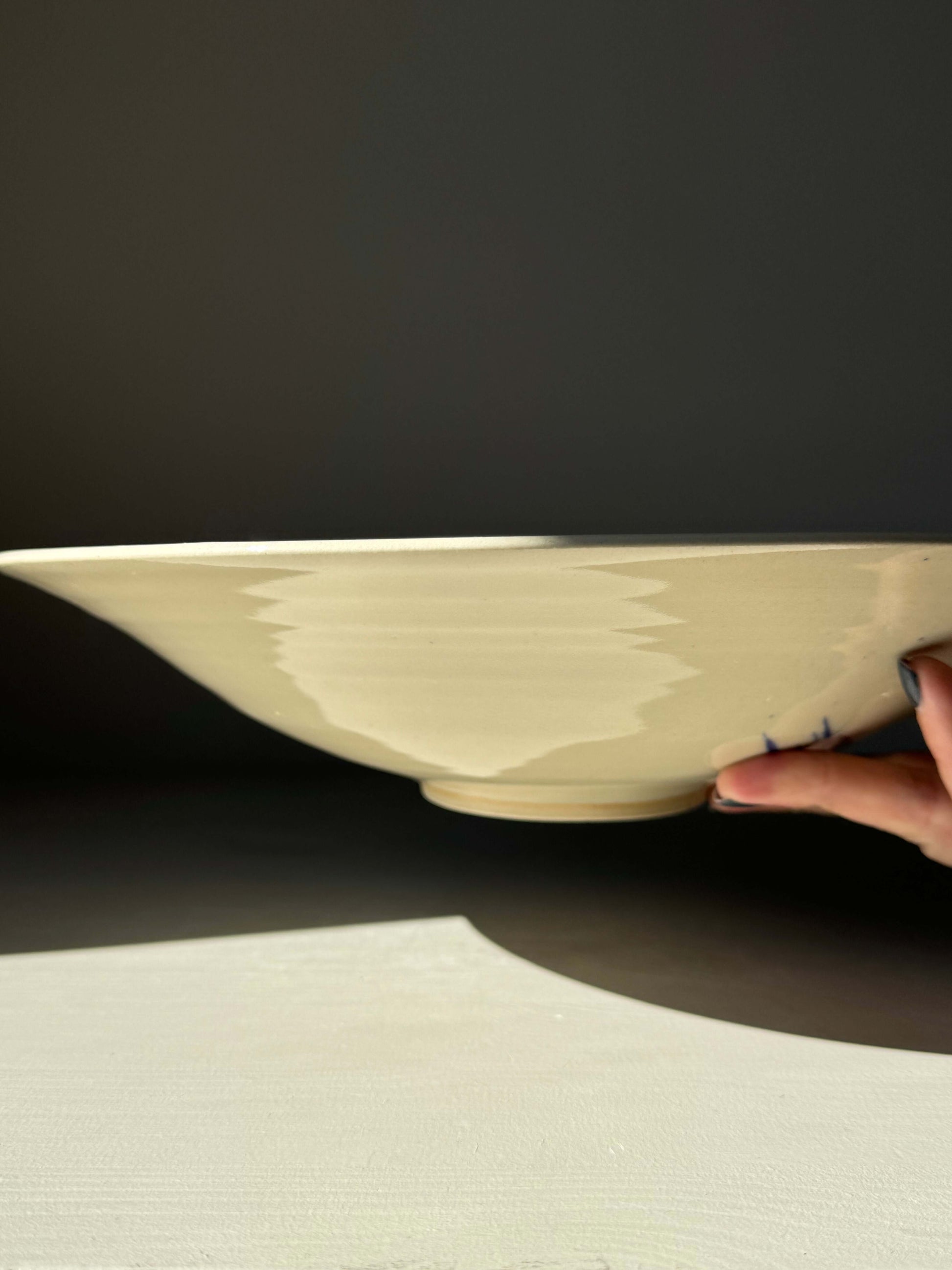 Side view of a Large Shallow Bowl from the Gosu Series, made of stoneware clay, showcasing its wide, low design on a table.