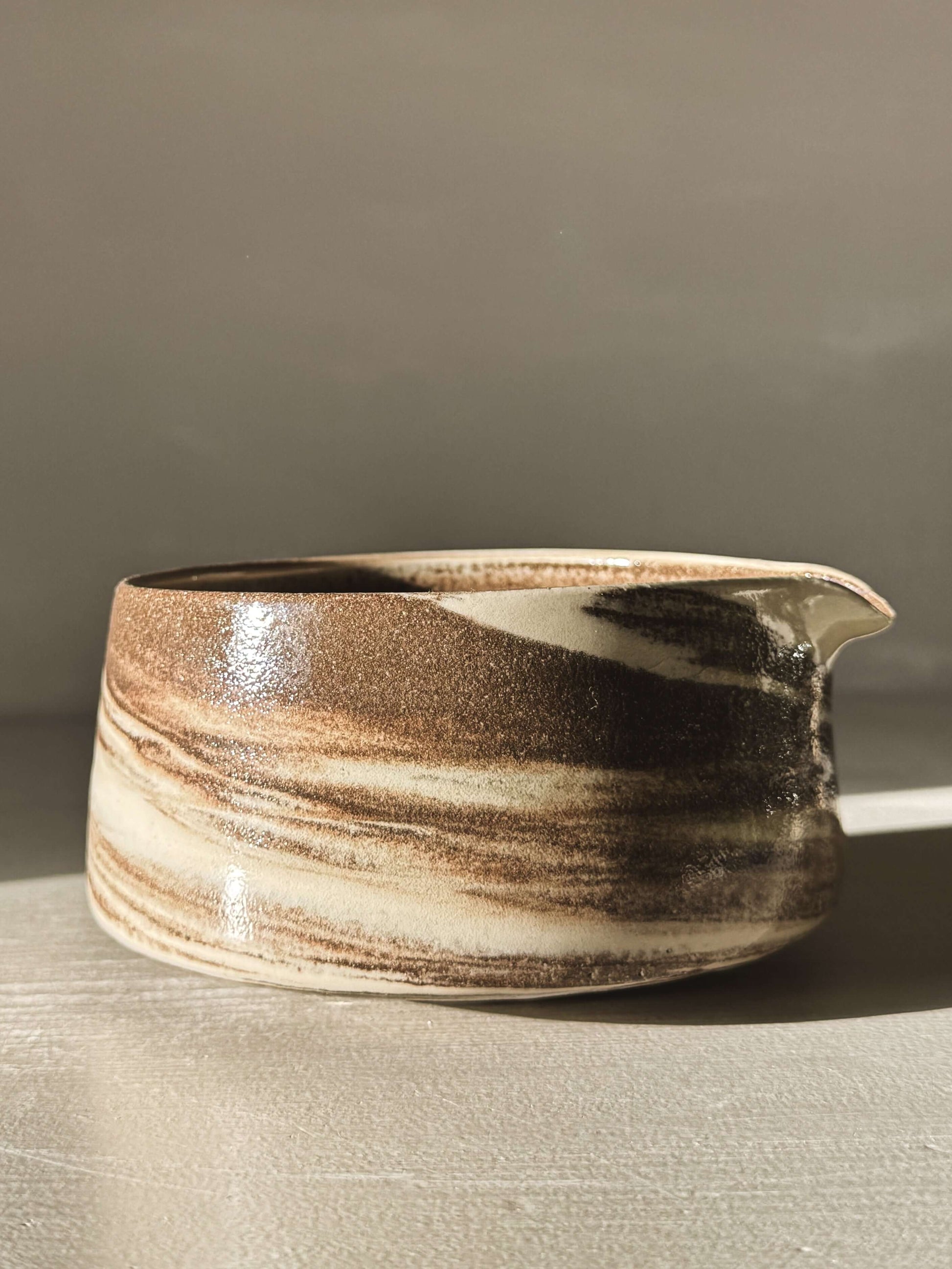 Matcha Bowl Spout - Marbled #01 with natural stoneware swirls and clear glaze finish, showcasing elegant marbled design with spout opening.