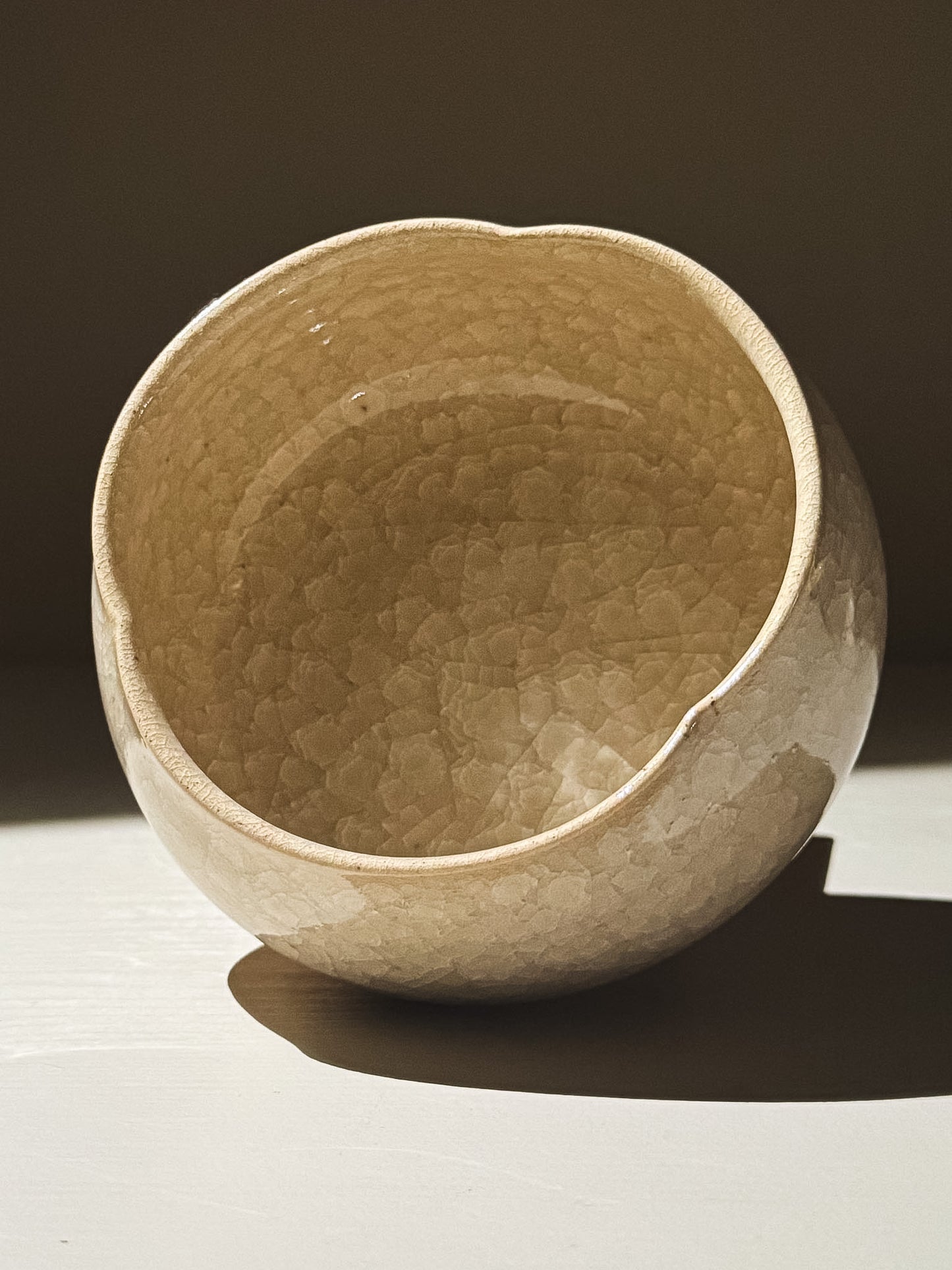 Matcha Bowl - Kannyū  #14 featuring a clear crackle glaze and soft, rounded flower-like shape.