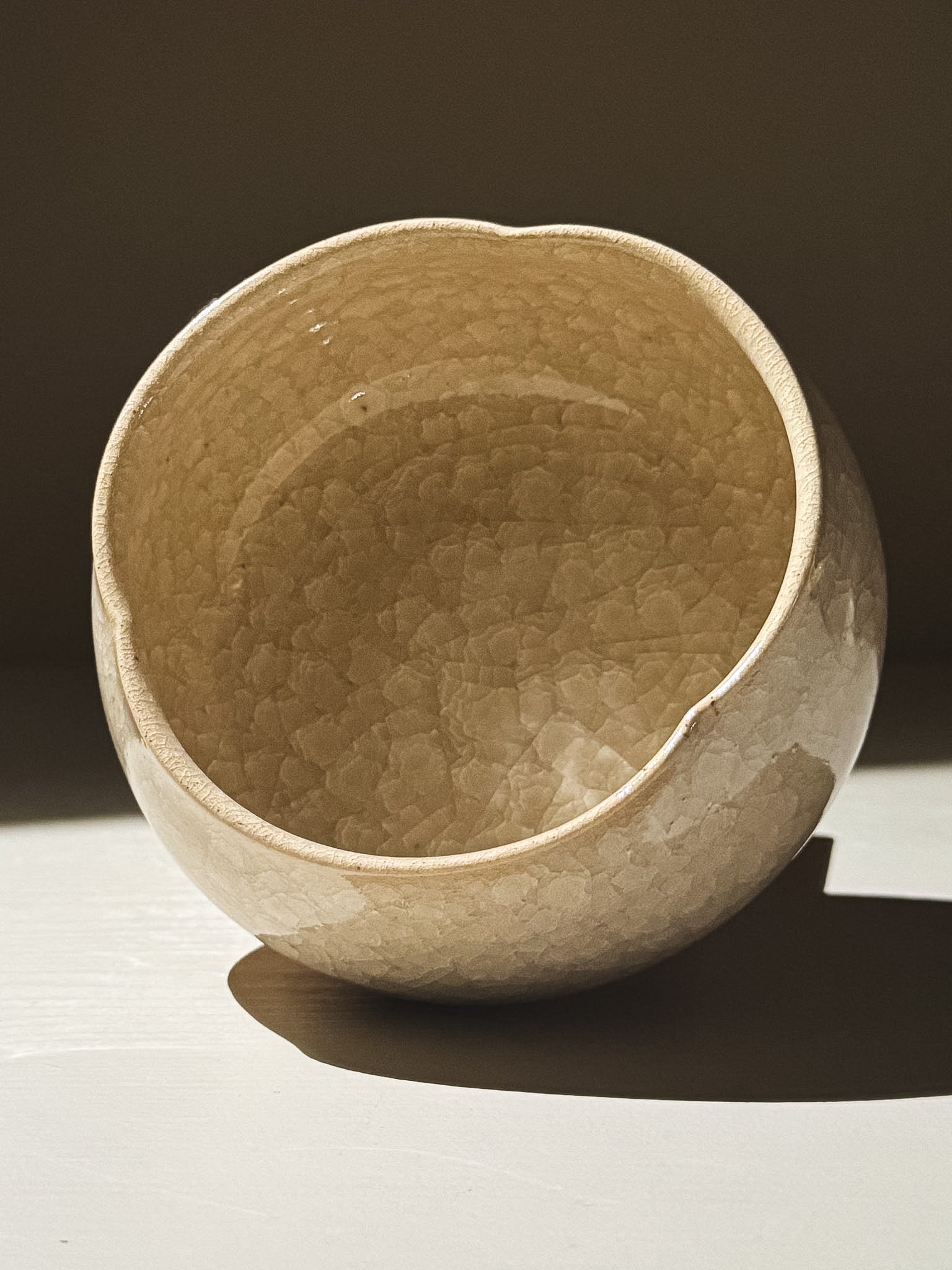 Matcha Bowl - Kannyū  #14 featuring a clear crackle glaze and soft, rounded flower-like shape.