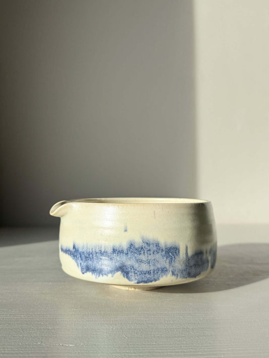 Matcha bowl Spout - Moonstone & Blue #02 with hand-splashed cobalt glazes and silky moonstone finish, perfect for daily tea rituals.