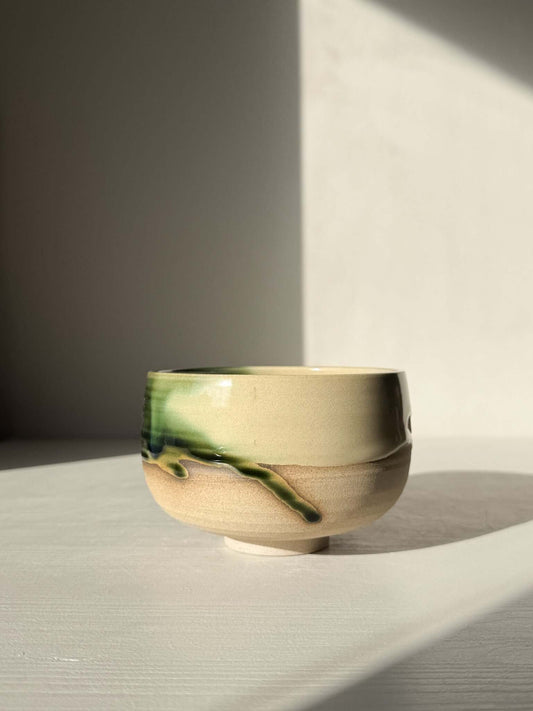 Handmade ceramic Matcha Bowl – Mori #01 with green and brown glazes, showcasing the Mori Series' natural stoneware elegance.
