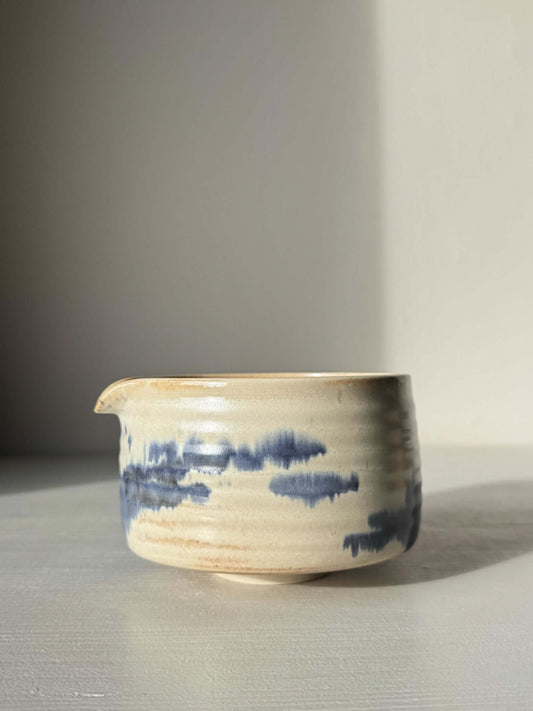 Matcha bowl Spout - Moonstone & Blue #03 with deep cobalt glaze and moonstone layer, perfect for a calming tea experience.