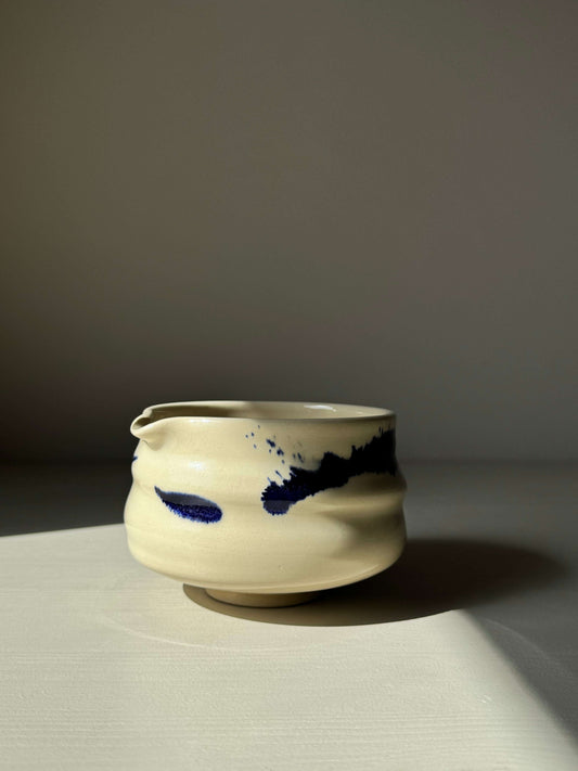 Handmade matcha bowl with spout, cobalt blue glaze accents, Gosu Series, perfect for whisking matcha, unique design, ceramic cup.