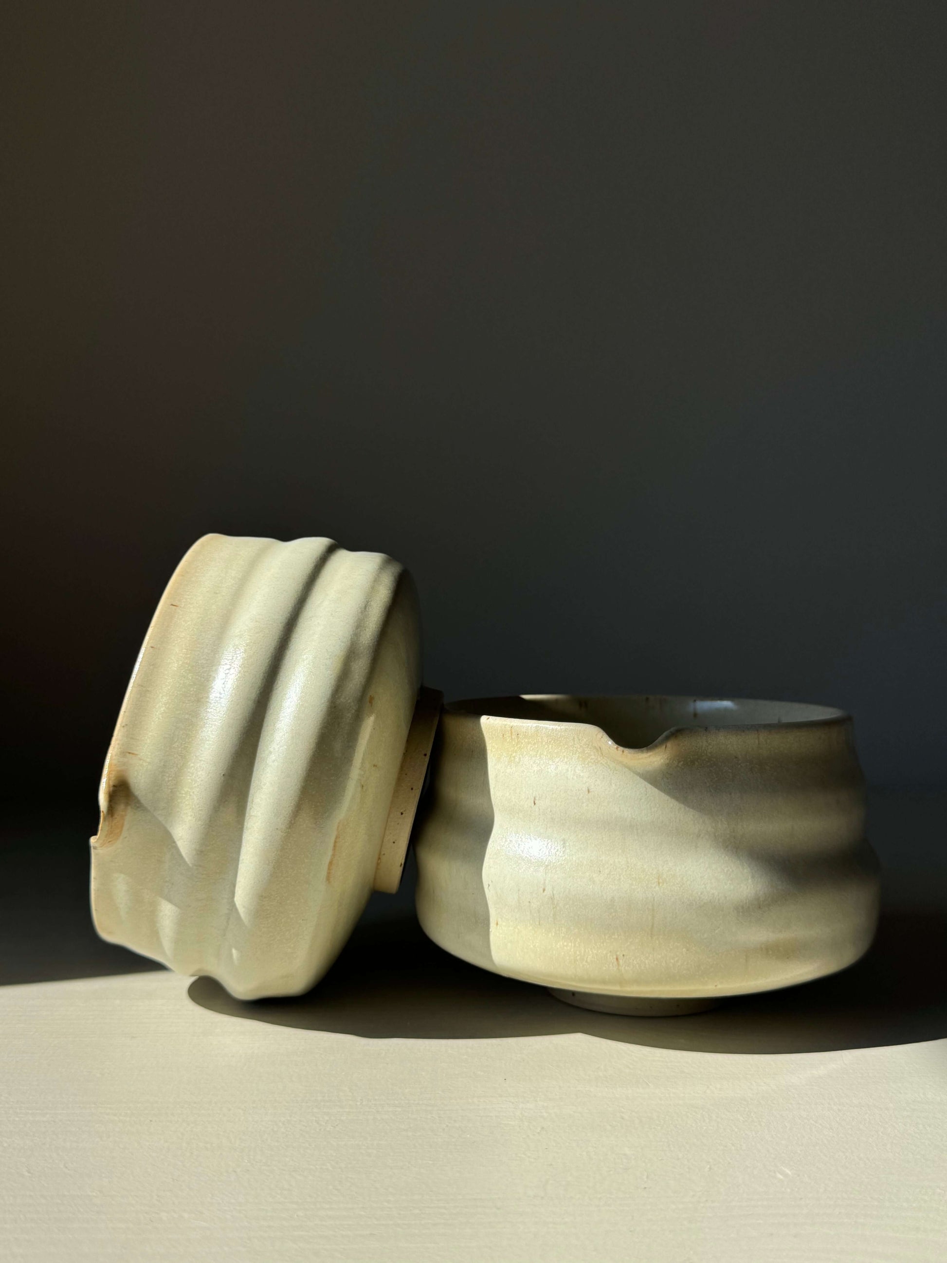 Matcha Bowl with Spout in Moonstone Glaze, showcasing a soft, ridged design ideal for whisking matcha, with a subtle silky finish.
