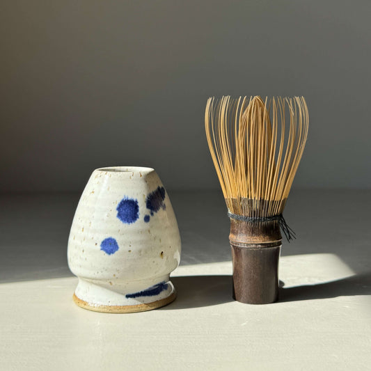 Matcha Whisk Holder cobalt blue handmade ceramic with bamboo whisk