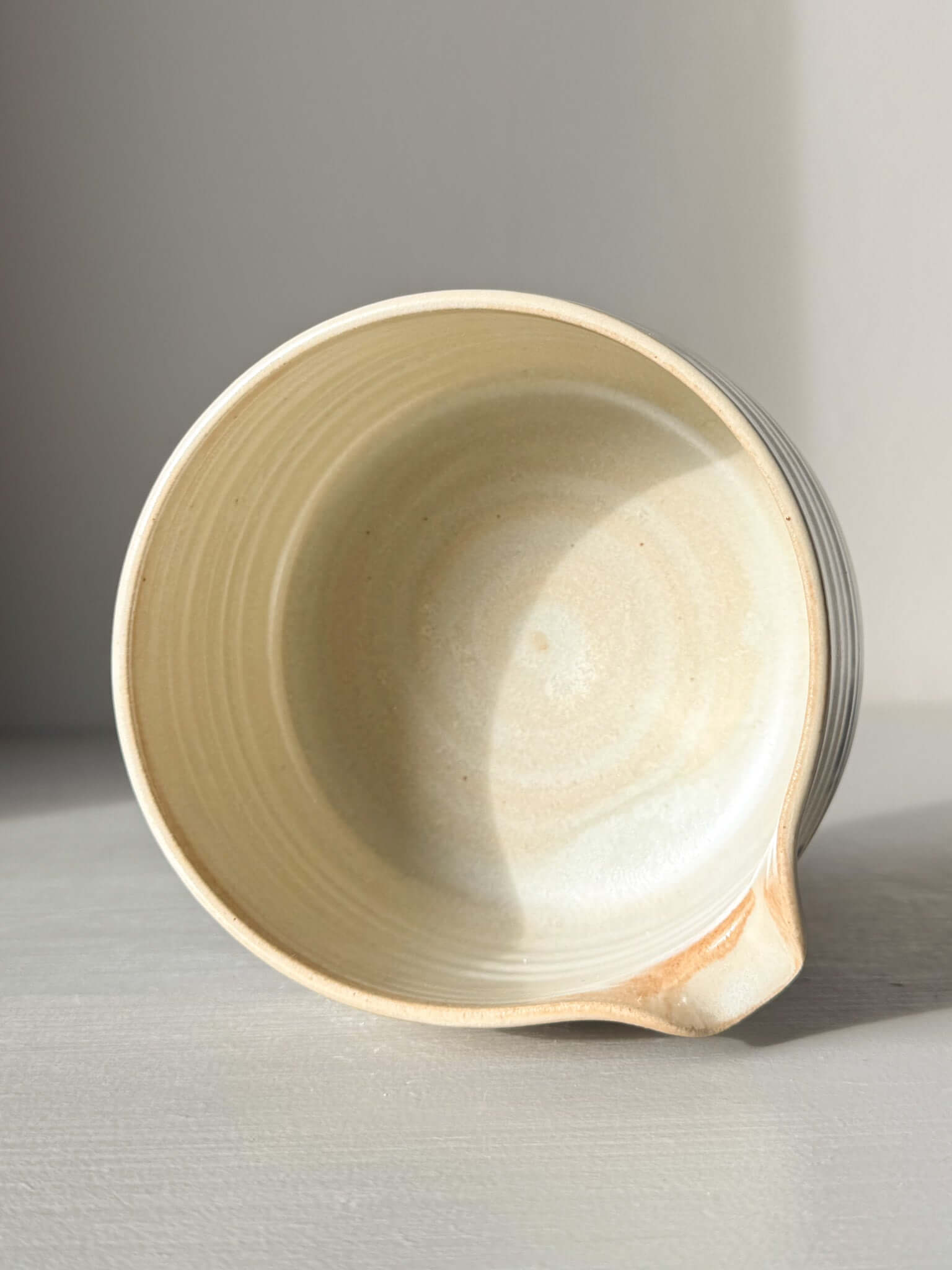 Matcha bowl Spout - Moonstone & Blue #03 with hand-splashed deep cobalt glaze and silky moonstone layer, perfect for daily tea rituals.