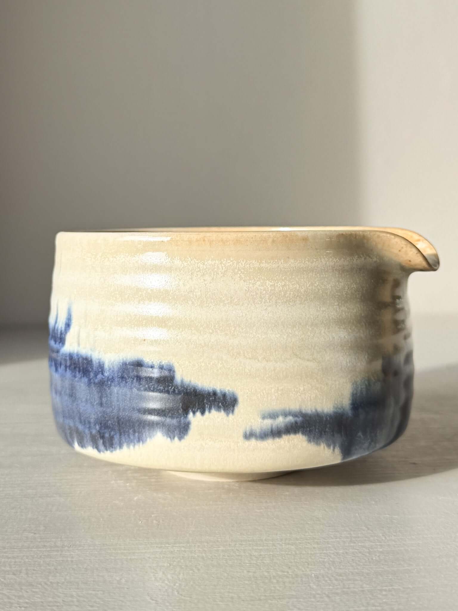 Matcha bowl Spout - Moonstone & Blue #03 with hand-splashed cobalt and moonstone glaze for tea moments.