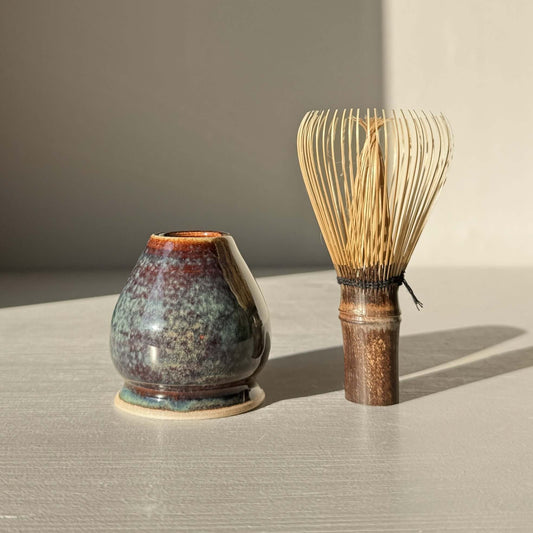 Matcha Whisk Holder - Glossy Blue with bamboo whisk, showcasing elegant design and functionality for tea rituals.