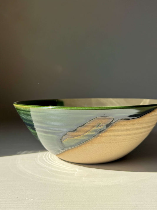 Medium Bowl - Mori Series #01, handmade ceramic with rich green glaze and organic toffee-colored clay rim.