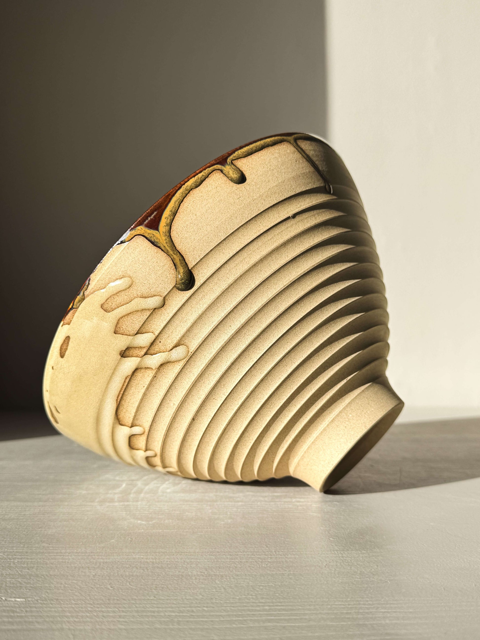 Medium Carved Bowl - Inyo #01 with raw carved exterior and artistic color drips, ideal for salads and pasta.