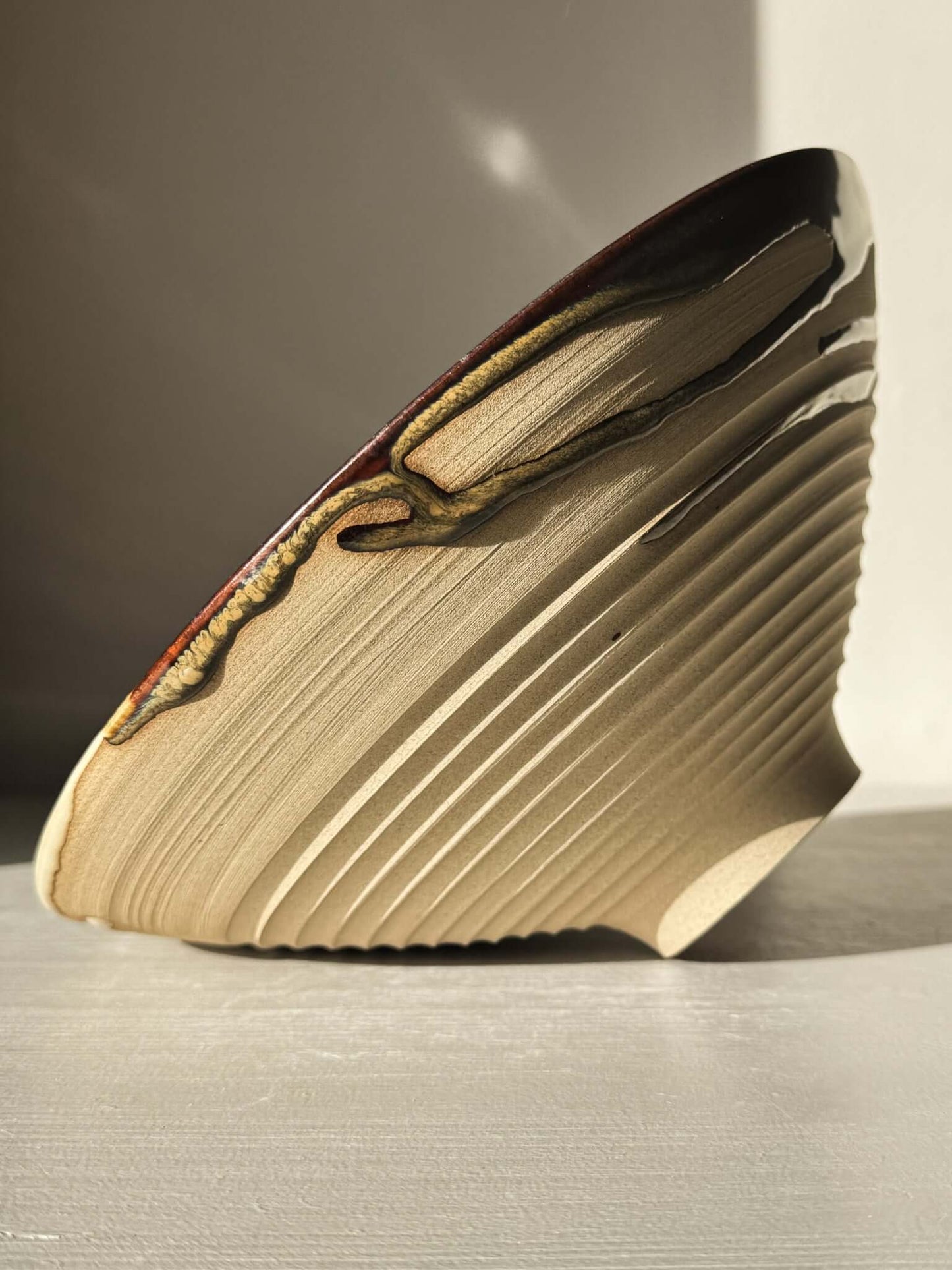 Side view of Medium Carved Bowl - Inyo #02 with sculptural carved exterior and flowing glaze drips.