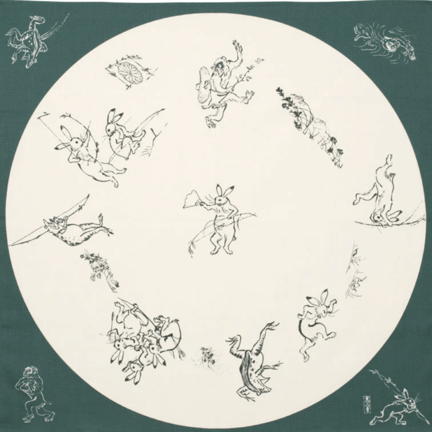 Medium Furoshiki Round Window Green with playful animals inspired by Choju Jinbutsu Giga on a deep green background