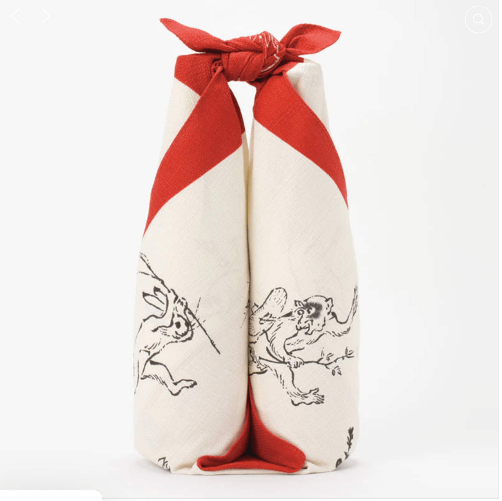 Medium Furoshiki Round Window Red with Choju Jinbutsu Giga motifs featuring animals like rabbits, frogs, and monkeys, wrapped elegantly.