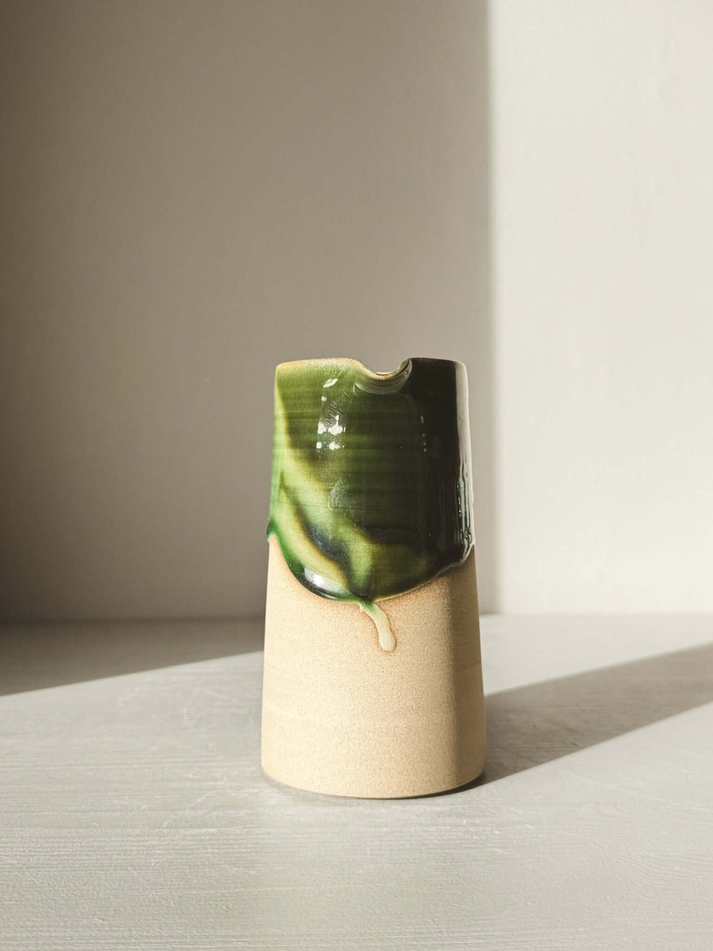 Medium Vase/Jug – Mori #01 featuring glossy green glaze over natural clay, perfect for adding a sculptural touch to your home.