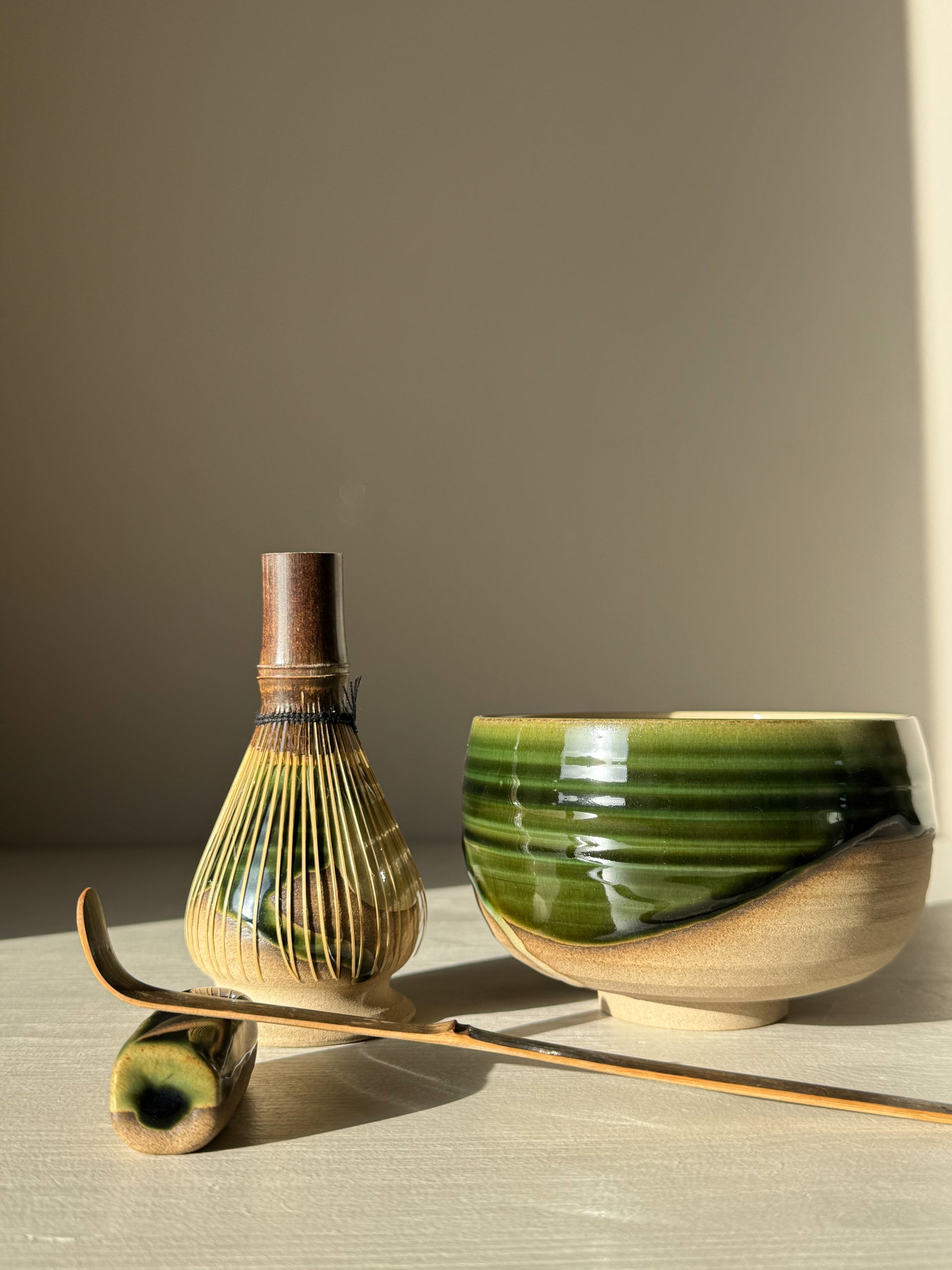 Whisk Holder - Mori with matcha whisk, green-glazed stoneware, and natural finish for tea moments