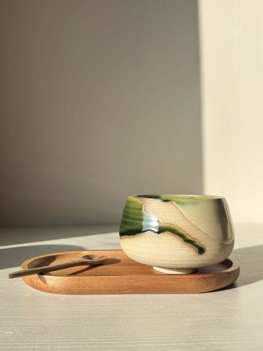 Coffee cups - Mori, green and toffee clay design on a wooden tray, capturing forest movement, perfect for morning coffee or afternoon tea.