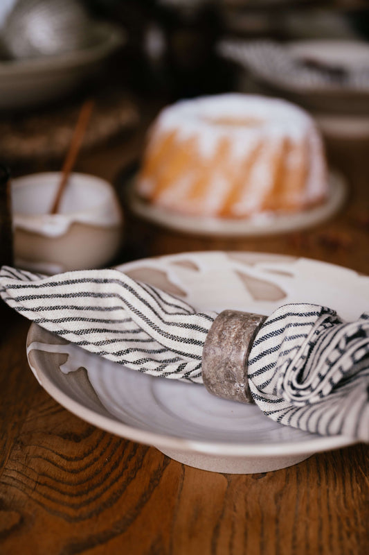 Natural Stone Napkin Ring - Travertine with handmade ceramic bowl and striped linen napkin