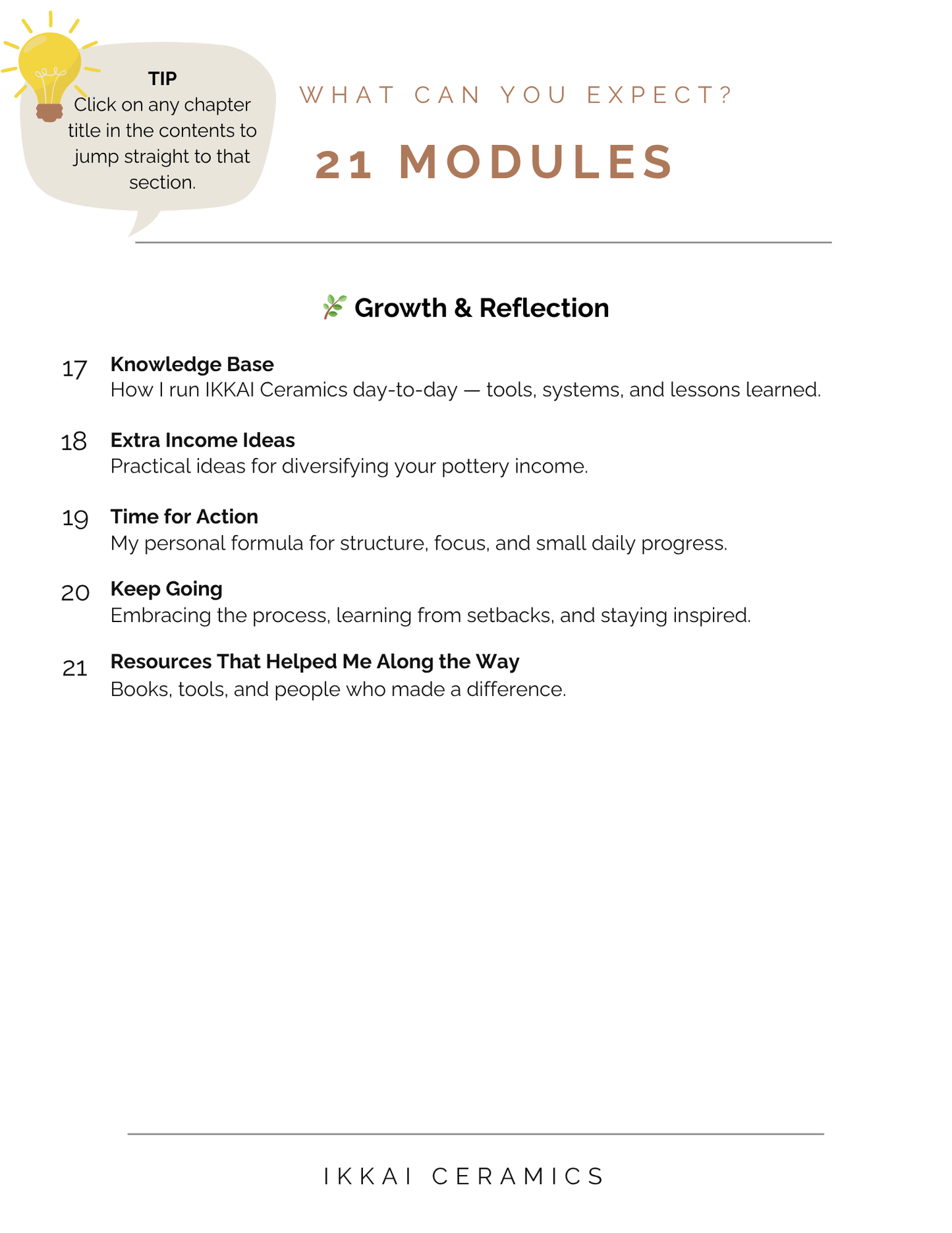 How to Start a Pottery Business – A Guide for Ceramic Artists. Image showing 21 modules, growth and reflection tips from Ikkai Ceramics.