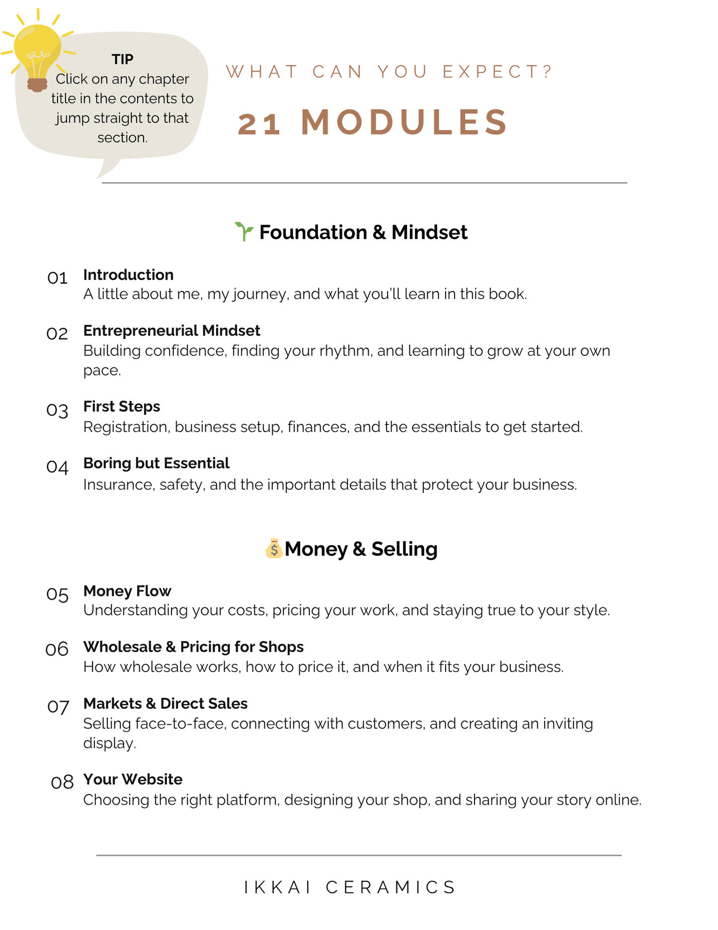 List of 21 modules for starting a pottery business from Ikkai Ceramics, featuring tips on mindset, selling, and setting up a website.