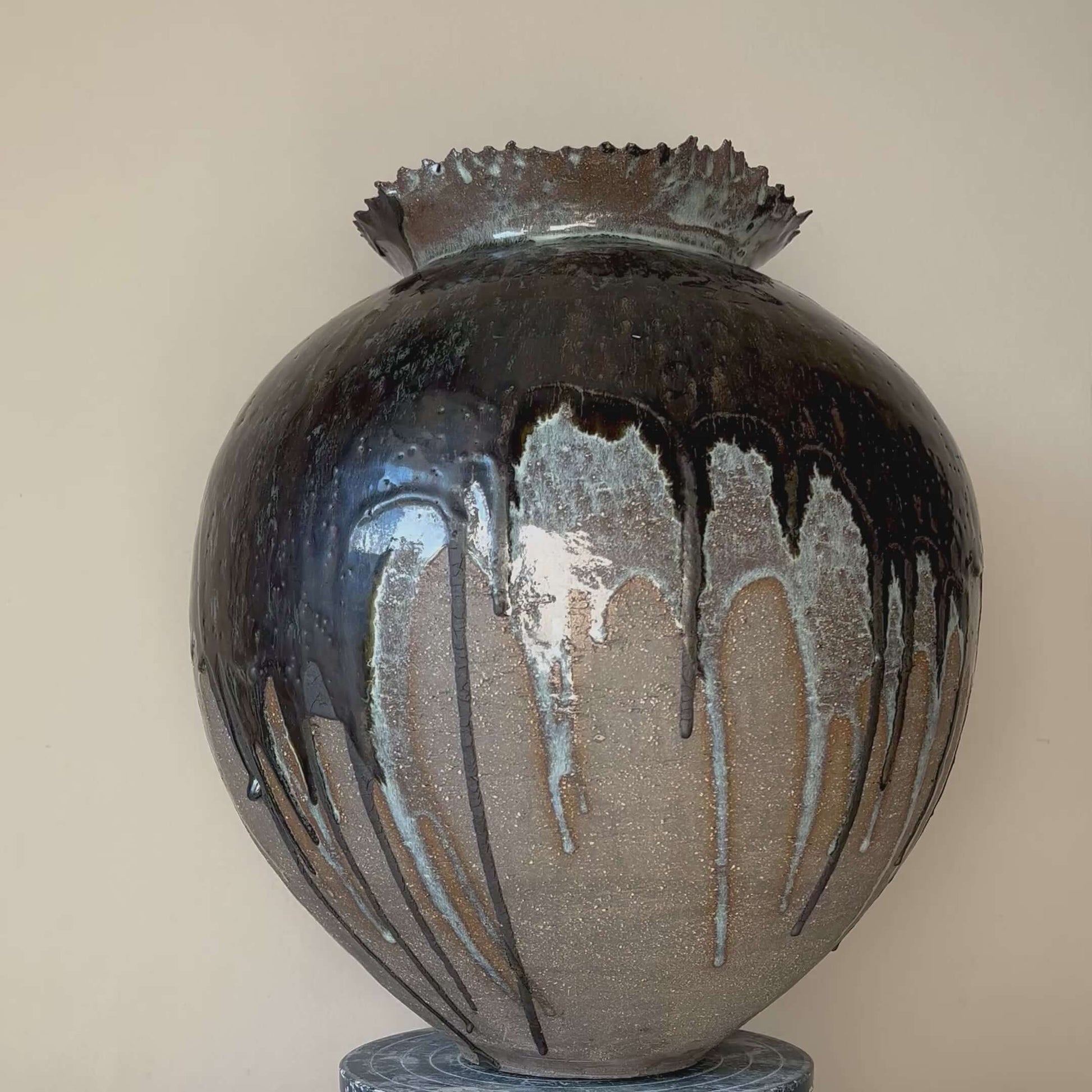 Handcrafted extra large vase with unique glaze and delicate finish, 36cm tall, handmade ceramic art piece for home decor.