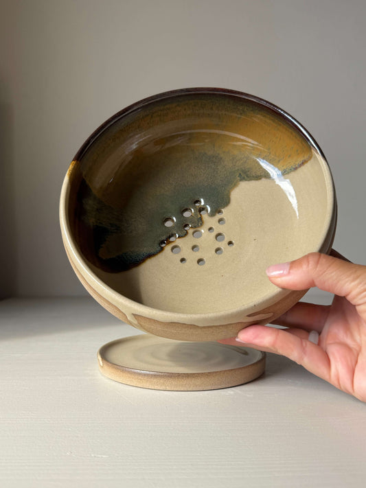 Handmade ceramic Rounded Berry Bowl - Inyo Series with matching drip plate, featuring a glossy tenmoku and clear glaze design.
