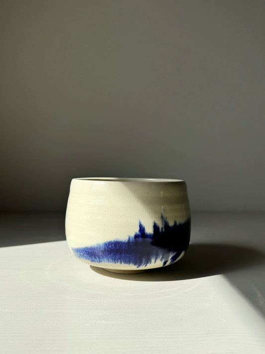 Rounded Matcha Bowl with cobalt glaze design from Gosu Series, featuring deep blue patterns resembling distant landscapes.