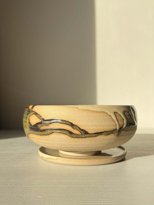 Rounded Berry Bowl - Inyo #02 with a drip plate, in earthy tones, ideal for serving fresh fruits, crafted with glossy tenmoku glaze.