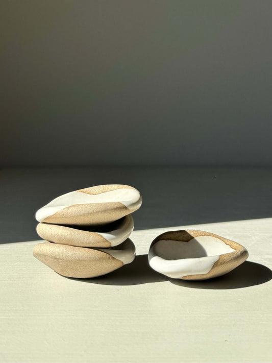 Rounded Chopstick & Matcha Spoon Rests from Yuki Series with white glaze and raw clay, handmade with organic curves for serene dining.