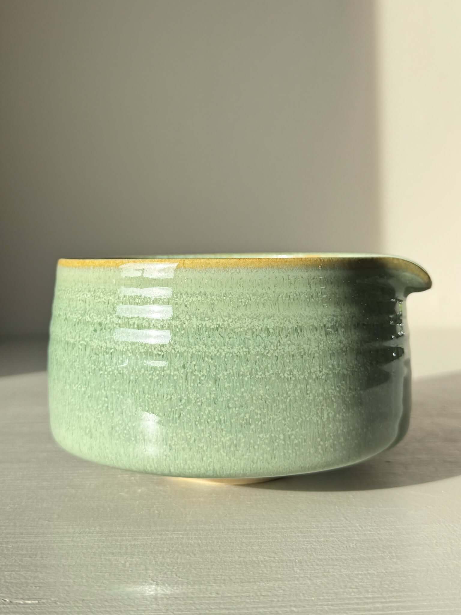 Matcha Bowl Spout – Sage #03 in soft sage-green glaze, perfect for whisking smooth and creamy matcha blends.